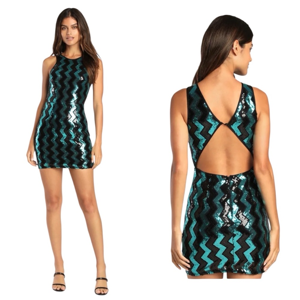 NWT Lulus Zig Zag Sequin Bodycon Mini Dress Sz S - Black and Teal Blue